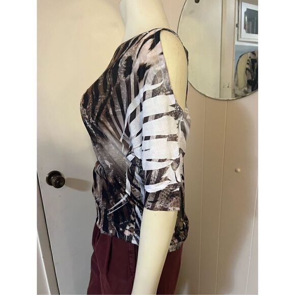 Cache Womens Medium Animal Print Top Black Tan Cold Shoulder 3/4 Sleeves Flowy - Picture 4 of 9